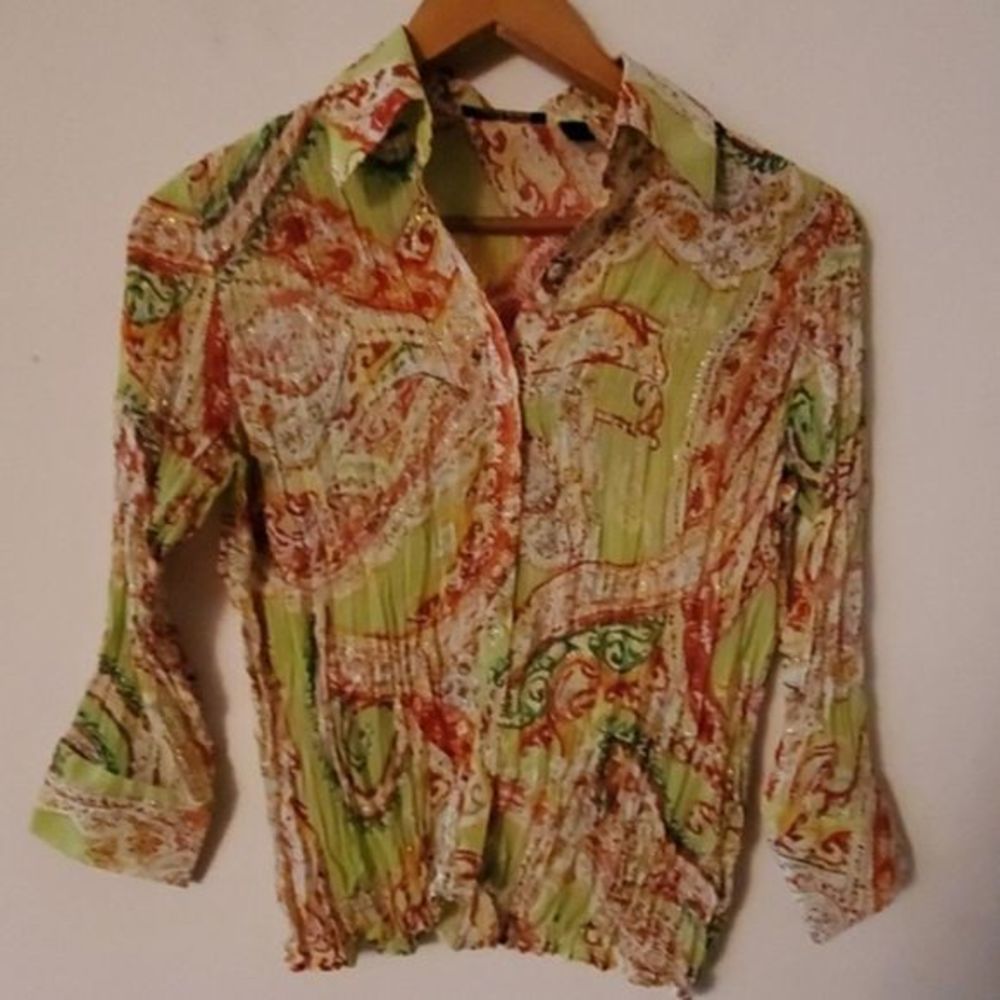 Essentials by Milano Button Down Top Green Multicolor Print S